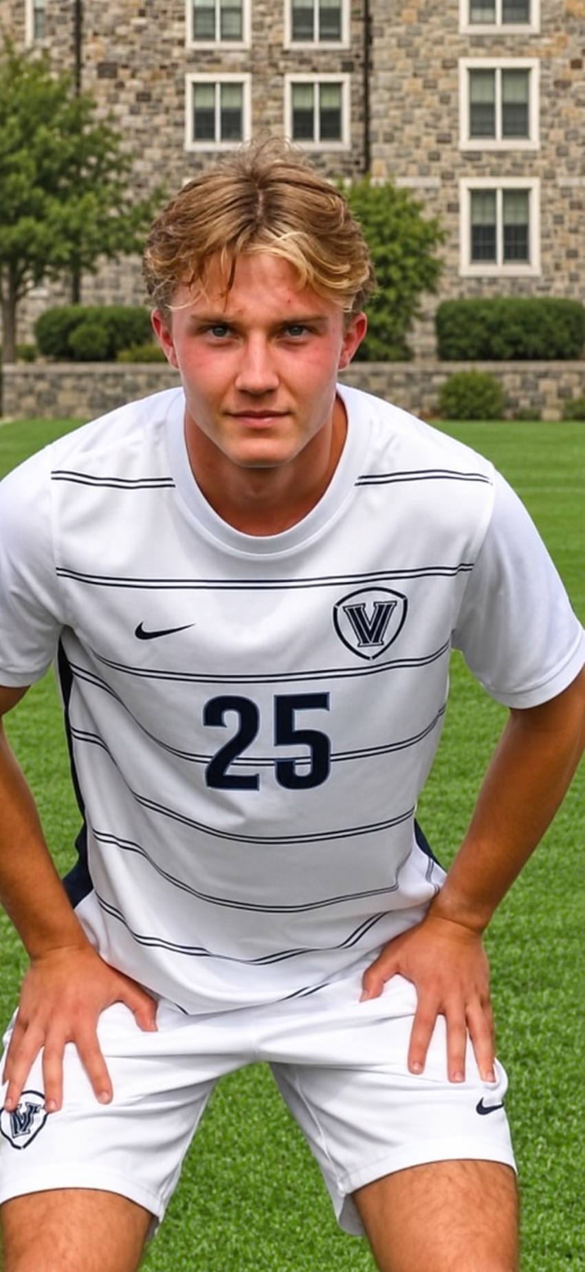 Gleb Bogdanov in his white Villanova number 25 jersey